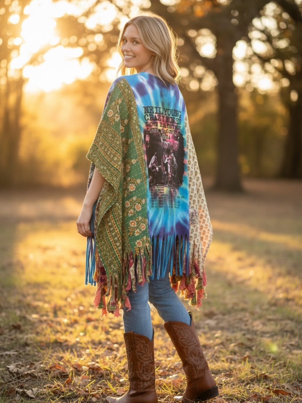 NEIL YOUNG Artisan Made Upcycle BAND T PONCHO SIZE INCLUSIVE Granny D Original - Picture 4 of 9